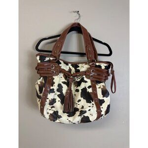 cow purse no name fashion tote hand bag brown leather handles tassel detail see